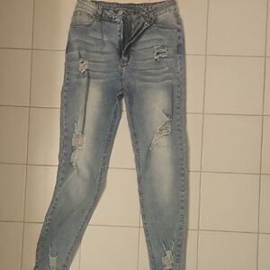 SHEIN Denim Blue Ripped Skinny Jeans